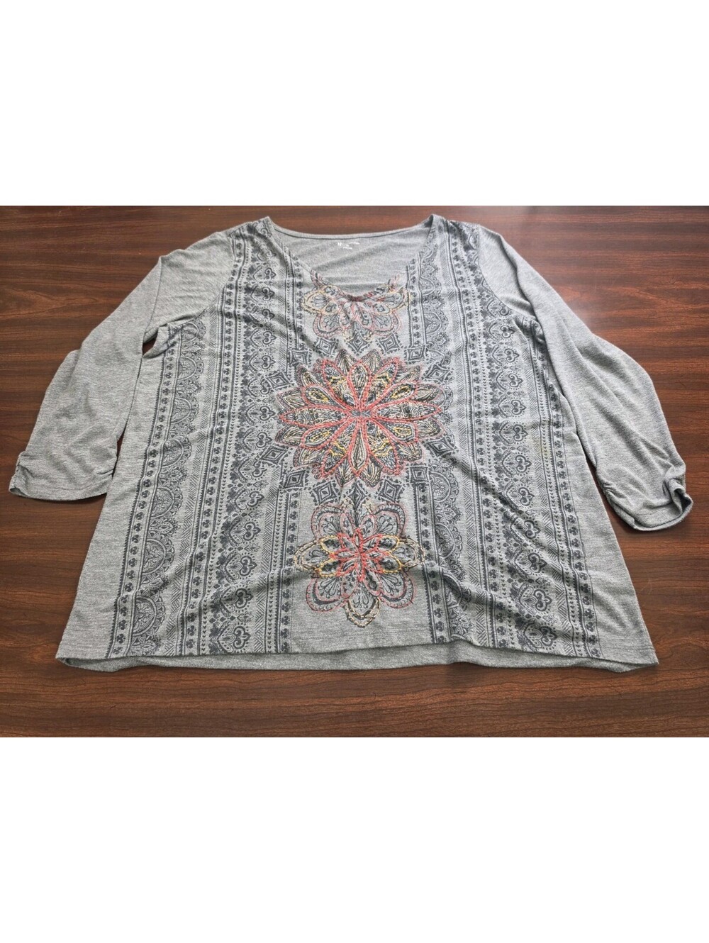 New Directions Gray Embroidered Boho Chic Floral Paisley Long Sleeve Top Size XL